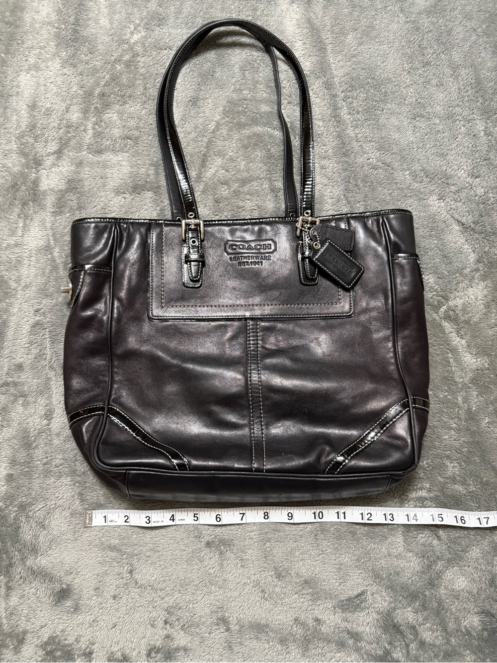 Coach Black Leather Tote with Polished Trim